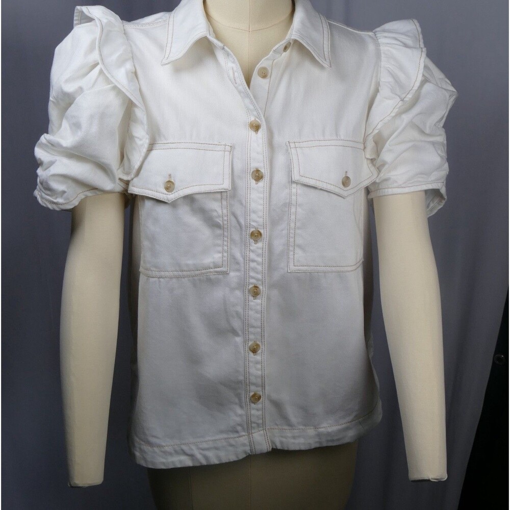 Pilcro Ozzie Ruffle Sleeve Buttondown Shirt Small White Utility Anthropologie